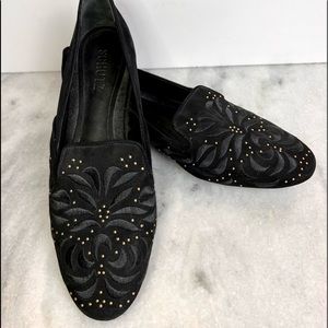 Schutz black suede and brocade flat